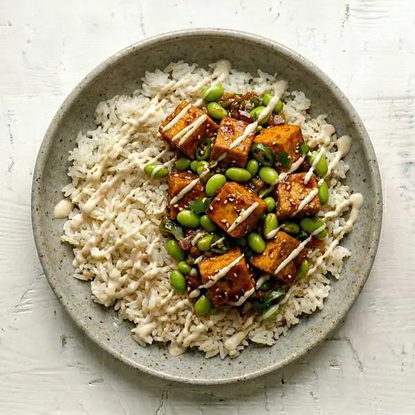 Tofu & Edamame Poke Bowl with Sticky Rice